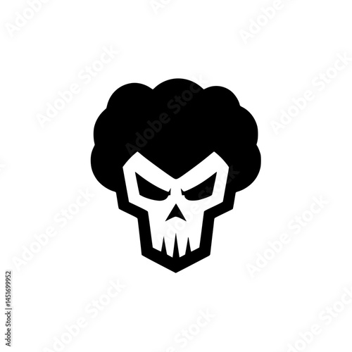 Stylized Skull with Afro Hair Vector Logo, Bold black and white graphic of an angry skull with a large afro hairstyle, blending retro style with edgy, modern attitude.


