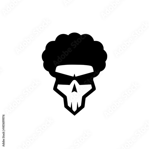 Stylized Skull with Afro Hair Vector Logo, Bold black and white graphic of an angry skull with a large afro hairstyle, blending retro style with edgy, modern attitude.

