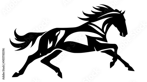 Running Horse Silhouette in Tribal Style Vector, Dynamic black and white illustration of a galloping horse in a tribal-inspired silhouette, symbolizing power, speed, and freedom.

