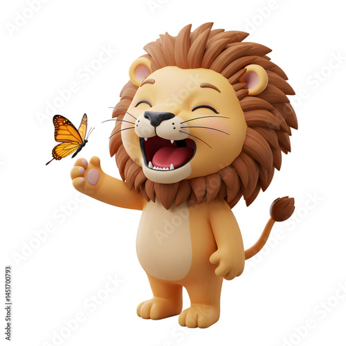 Cartoon Lion Reaching for Butterfly, 3D Render on Transparent Background