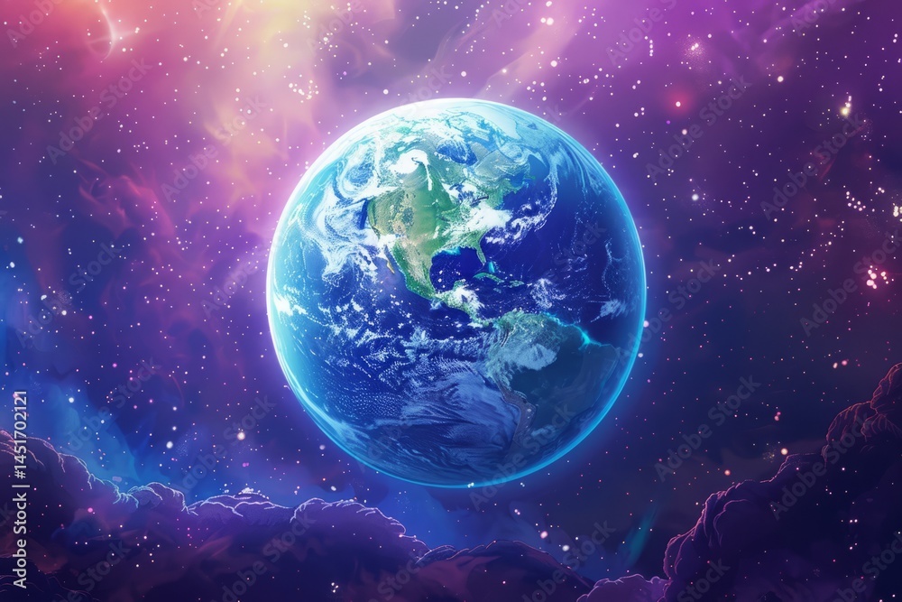Fototapeta premium Vibrant Cosmic View of Earth in Colorful Galactic Background