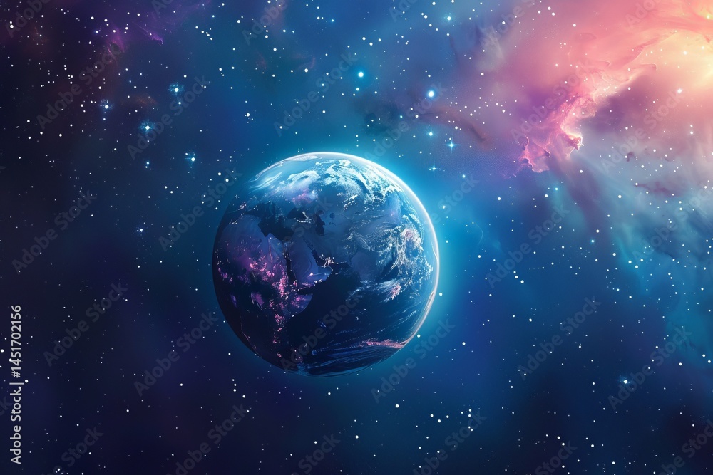 Fototapeta premium Stunning View of Blue Earth in Cosmic Space with Colorful Nebula