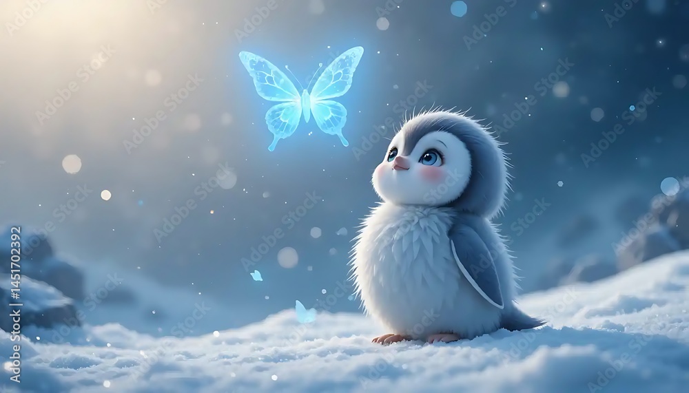 Obraz premium Whimsical winter scene of a penguin captivated by a glowing butterfly