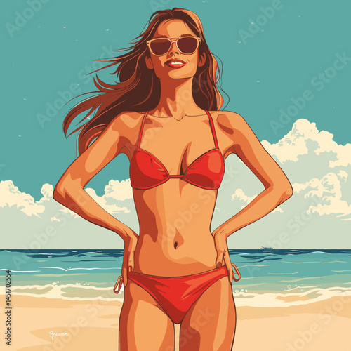 A girl in a red bikini and sunglasses on the beach in a retro pop art style. Bright summer illustration for vintage posters, fashion advertising, t-shirt prints, or summer sales.