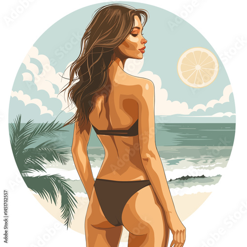 A girl in a bikini on the beach looks at the sea, view from the back. Summer retro style illustration for travel agencies, vacation advertisements, social media posts or posters.