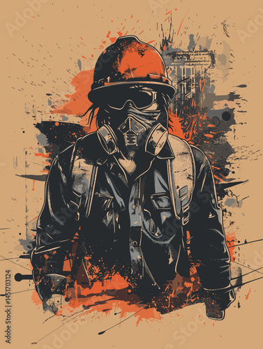 A worker in a gas mask and a hard hat on an abstract grunge background. An atmospheric illustration depicting a specialist in hazardous conditions, a symbol of protection and survival.
