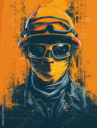 A pop art style portrait of a worker in safety glasses and a mask. A vibrant and stylish illustration of a builder in a hard hat, reflecting safety and modern urban aesthetics.