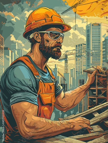 An experienced builder against the backdrop of a city under construction. A retro-style vector illustration depicting an installer in overalls with skyscrapers and cranes.