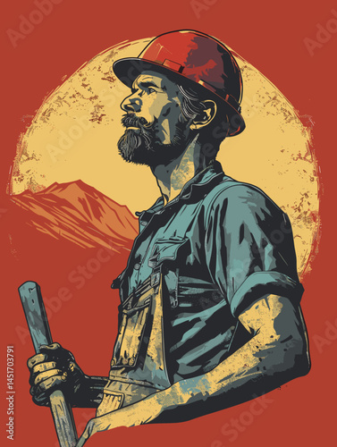 A thoughtful construction engineer in a hard hat against a mountain landscape. Portrait of a pioneering worker looking to the future. Vector illustration in a poster style, a symbol of exploration and