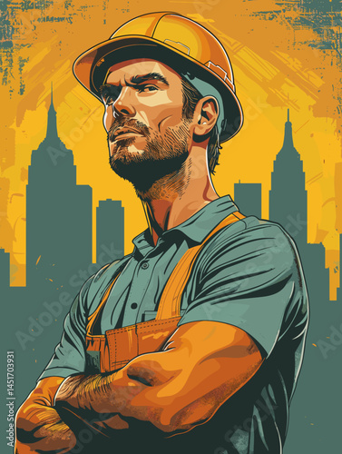 Ambitious builder or architect against the backdrop of a city skyline with skyscrapers. Vector illustration symbolizing success, career growth, development and the future of construction.