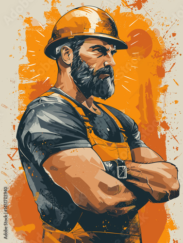 Strong bearded builder in a hard hat with his arms crossed. Confident worker, engineer or contractor on an orange background. Vector illustration, a symbol of reliability and strength.