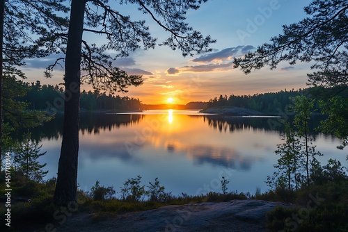 Serene Midsummer Midnight Scene in Southern Finland with Tranquil Beauty