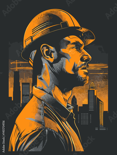 Profile of a man in a hard hat looking into the future. A concept of diligence, hard work, and professional growth.