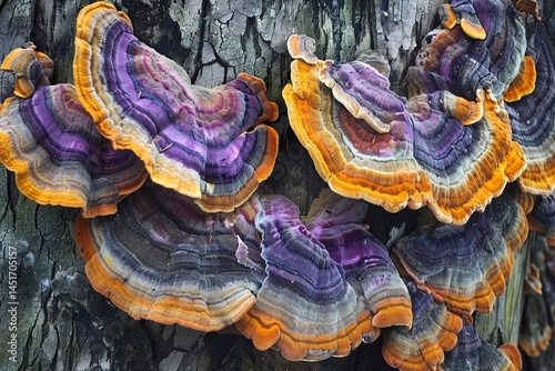 Vibrant Colorful Mushrooms Growing on Tree Bark in Nature