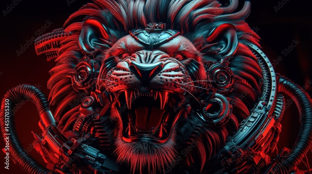 Fototapeta premium Futuristic lion head design vivid colors dark background