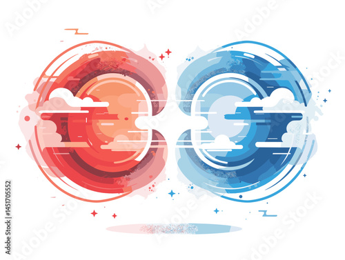 Conceptual illustration of the opposition of fire and water, heat and cold. Two technological symbols, red and blue, with clouds and a glitch effect, as a metaphor for struggle.