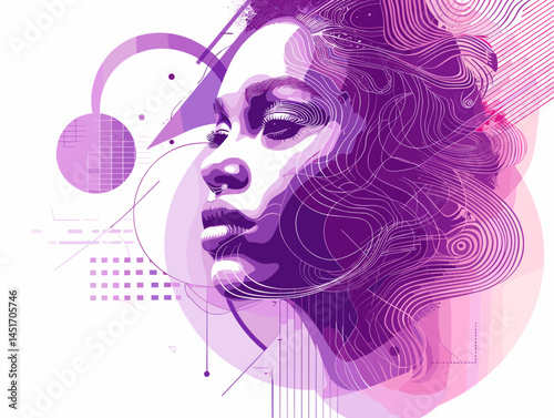 Futuristic portrait of a woman against a background of abstract geometric elements in purple tones. A concept about technology, the future, artificial intelligence, and the digital world.