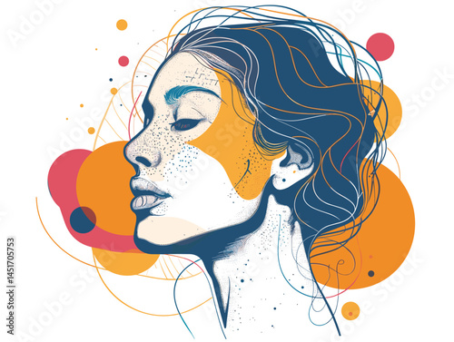 Elegant line art drawing of a female profile with abstract watercolor spots. Minimalist illustration about tenderness, harmony, self-care and natural feminine beauty and inner peace concept.
