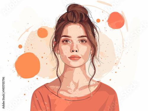 Gentle watercolor portrait of a beautiful young girl with natural beauty. A sensual and feminine illustration that conveys warmth, tranquility, sincerity and the concept of self-care.