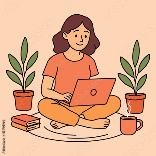 Vector illustration of a woman working on a laptop with a cup of coffee in a cozy workspace