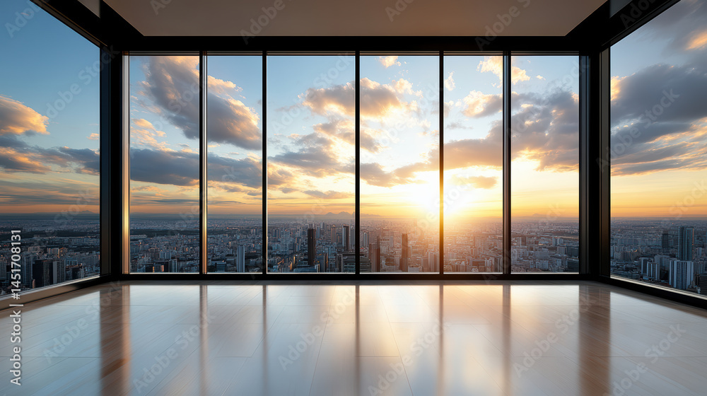 Fototapeta premium Stunning cityscape view from modern high rise, showcasing radiant sunset with clouds reflecting
