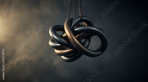 Dark metal tubes intertwined abstract structure soft light suspension technology industrial