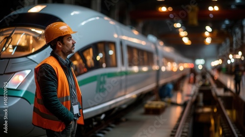 Focused adult worker supervising train at station platform
