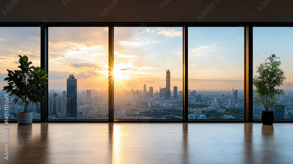 Fototapeta premium Stunning view of vast urban city sunset, showcasing soft orange sunlight filtering through large