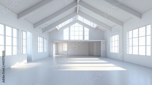 Empty, bright, modern loft interior with large windows and high vaulted ceiling