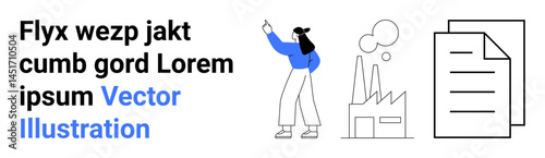 Woman pointing upward, factory emitting smoke, stack of documents. Ideal for business, industry, workflow, teamwork, communication, documentation simple landing page