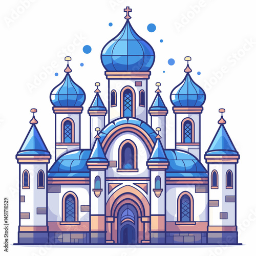 Fabulous Russian Orthodox church with blue domes. Vector illustration of a winter cathedral, a symbol of Christmas and Russian culture. Architectural element for a postcard or poster.