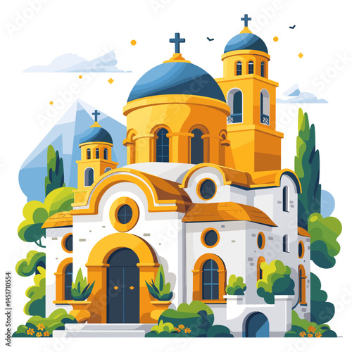 Vector illustration of a Greek Orthodox church against a mountain backdrop. Summer landscape of Santorini, picturesque architecture of Greece for a travel poster, guide, or postcard.