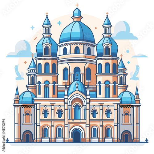 A majestic Catholic cathedral in the Italian Renaissance style with blue domes. A detailed architectural illustration of a historic landmark in Rome or the Vatican, a famous symbol of faith.