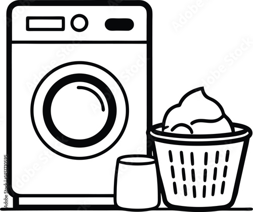 Modern continuous line art of a washing machine and laundry basket filled with clothes suitable for home appliance ads cleaning service branding and laundry decor