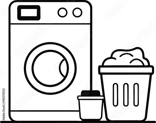 Laundry themed line drawing of a washing machine and full basket depicted in continuous line art perfect for cleaning service flyers home appliance decor and posters