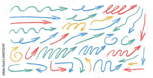 Arrows hand drawn squiggly set. Crayon multi colors curved thin pointers doodle elements set. Freehand arrow by markers. Vector illustration turns by pencil. Chalk graphic on white background.
