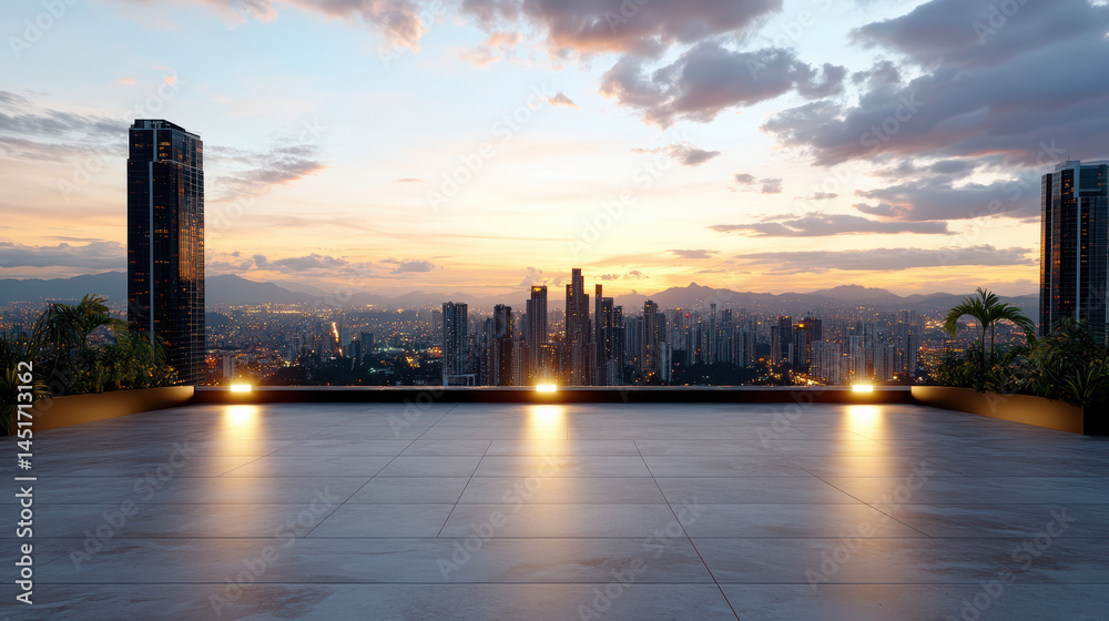 Fototapeta premium Serene rooftop view showcasing city skyline at sunset, with soft lighting illuminating space