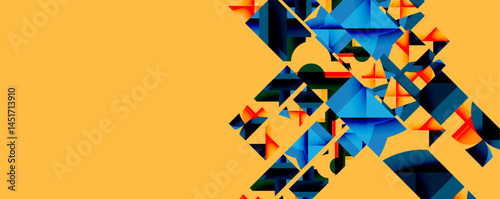 Abstract geometric shapes dominate right side. Orange background provides contrast. Modern design, vibrant colors, sharp angles present.