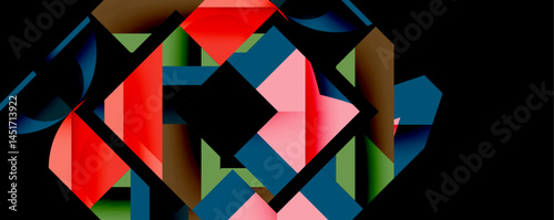 Abstract geometric composition. Shapes overlap, creating dynamic visual effect. Red, blue, pink dominate design. Complex interplay forms intriguing pattern.
