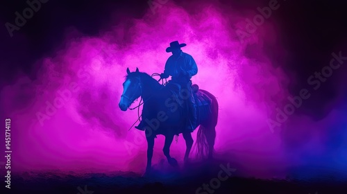 Silhouette of a cowboy on horseback in a mystical, foggy landscape