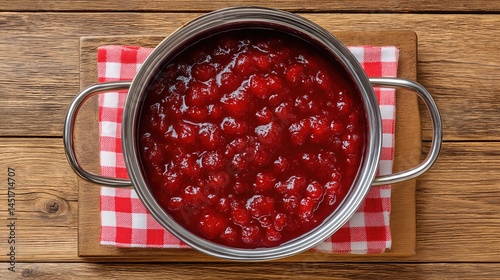 The red fruit jam simmers gently in the steel cooking pot, its vibrant color contrasting beautifully with the shiny surface of the kitchen table, ready to be stirred into a delicious homemade treat.
