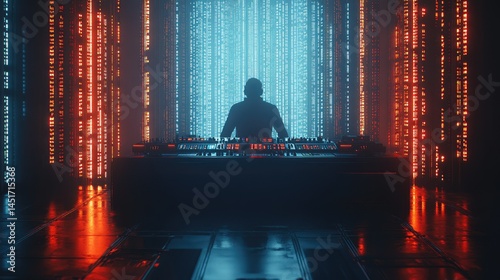 Silhouetted DJ in futuristic digital backdrop