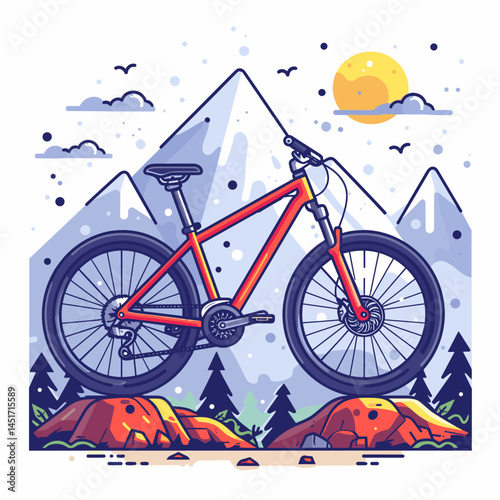 Red bicycle is parked on a mountain