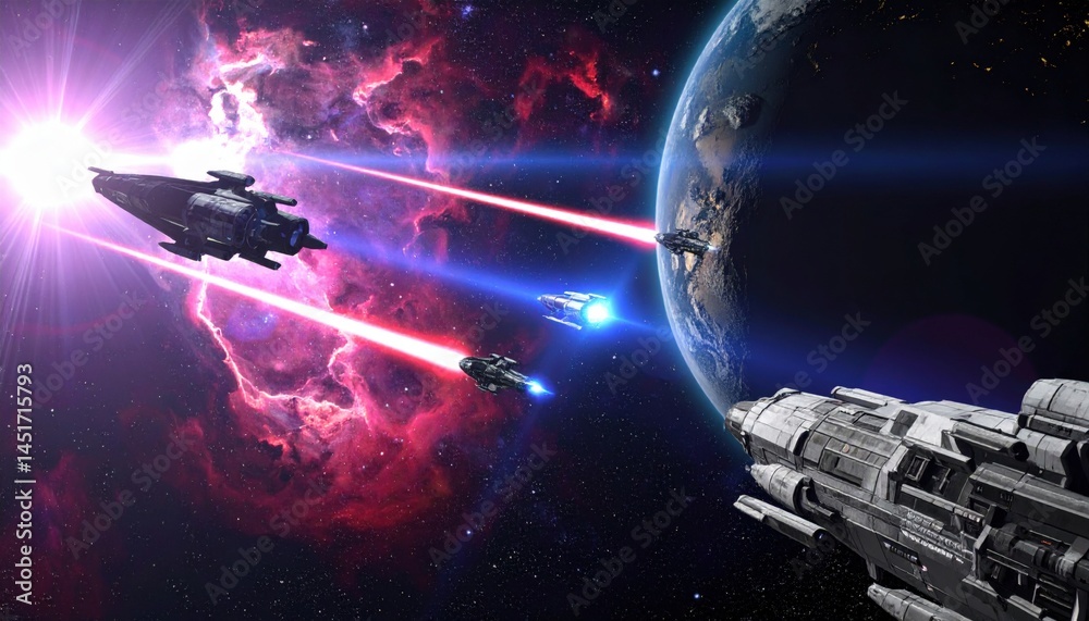 Obraz premium Space battle between futuristic spaceships outer space digital art cosmic environment dynamic viewpoint sci-fi concept