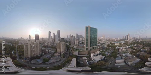 360 video Aerial view of Mumbai City, Maharashtra, India. Drone shot of Mumbai skyline, beautiful cloudy weather of Mahalaxmi area. Greater Mumbai aerial cinematic footage. 