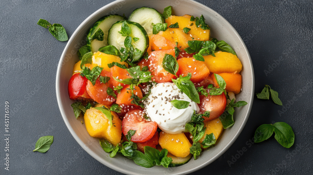 Fresh fruit salad with mint, cucumber, and yogurt creates vibrant and healthy dish Fresh fruit salad with mint, cucumber, and yogurt creates vibrant and healthy dish