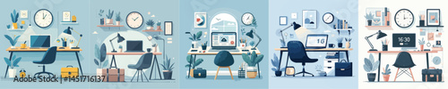 Modern Minimalist Home Office Workspace with Laptop and Desk Accessories – Vector Illustration