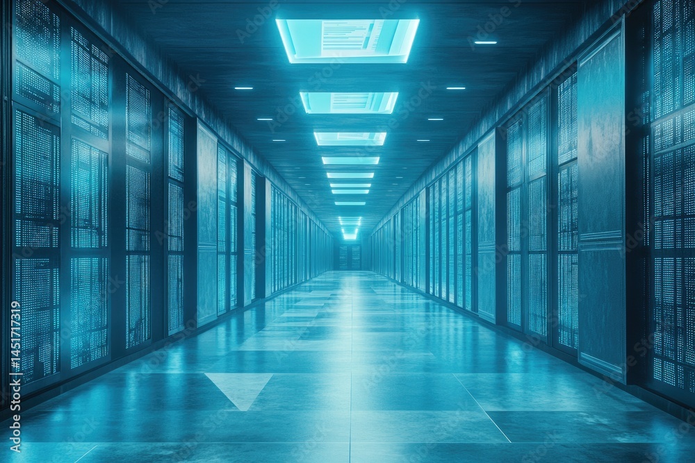 Fototapeta premium Futuristic server room hallway, lit with cool blue light