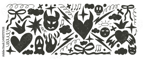 Punk breaking heart hand drawn doodles set. Devil and angels charcoal background. Scribble grunge elements. Stars, bows, clouds and sketch shapes. Vector illustration by pencil on white background.