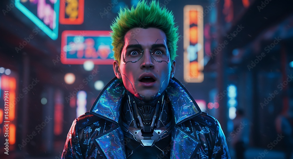 Obraz premium Cyberpunk mans shocked expression amidst neon city